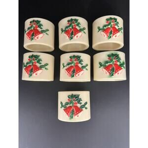 MCM Set of 7 Vintage Melamine Holly & Bells Christmas Napkin Rings SUPER WOW!